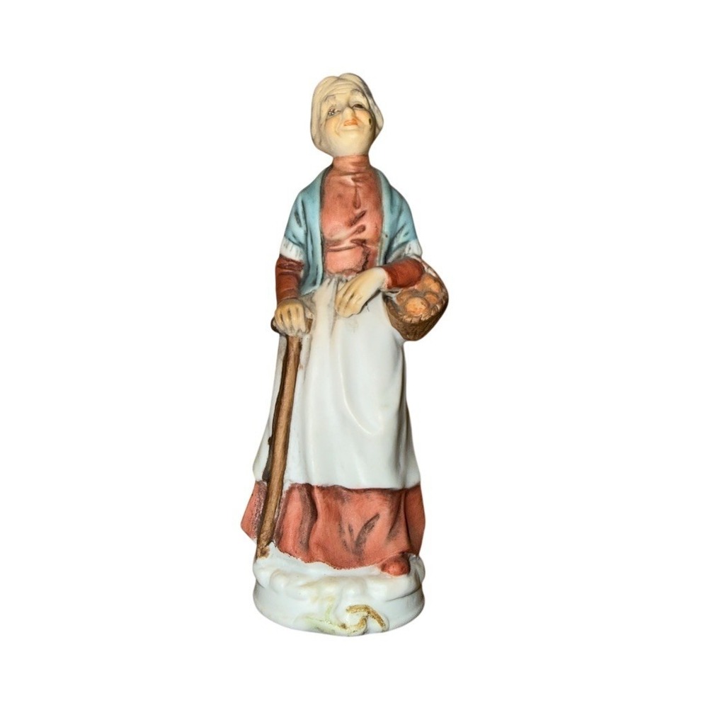 Homco Vintage Old Woman Figurine w/ Cane & Apple Basket Hand-Painted 7in